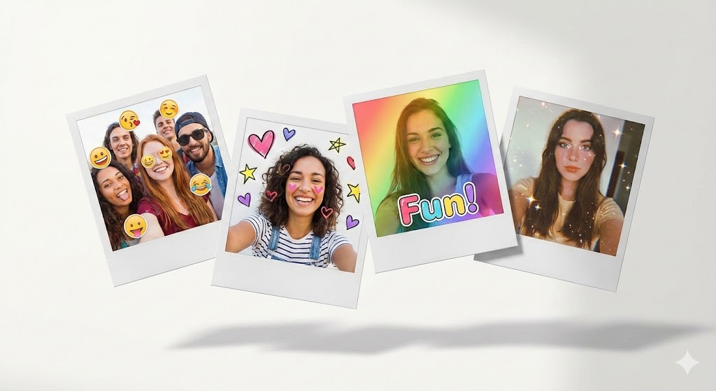 Photo booth app preview showing fun filters and stickers